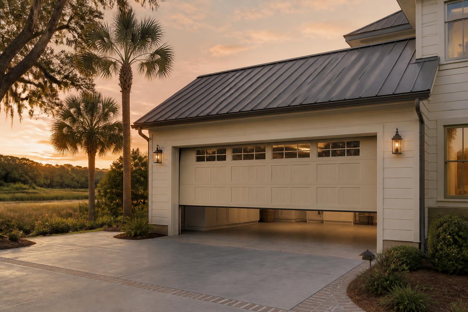 Classic Central Ohio home in Worthington, OH with a newly serviced carriage-style garage door at golden hour